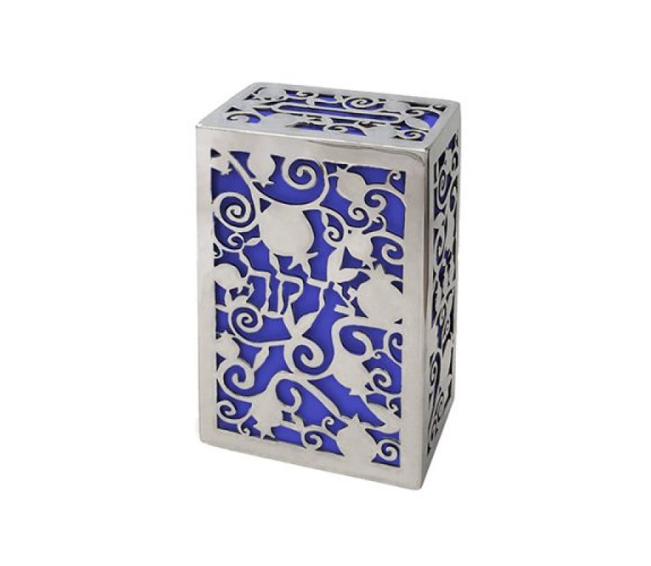 Charity Box with Cutout Pomegranates and Word Tzedakah, Silver and Blue - Yair Emanuel