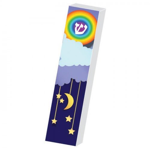 Childrens Lucite Mezuzah Case Colorful Print - Moon and Stars by Dorit Judaica