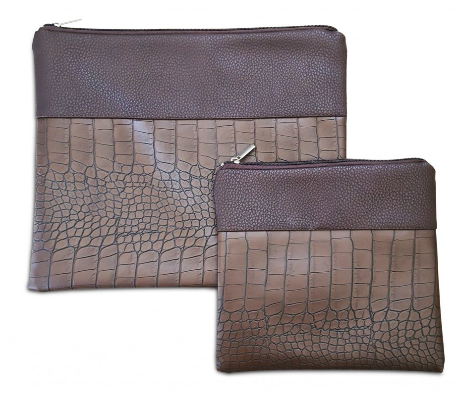 Chocolate Brown Tallit and Tefillin Bag Set, Faux Leather - Crocodile Design