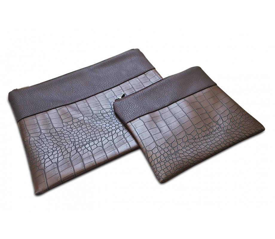 Chocolate Brown Tallit and Tefillin Bag Set, Faux Leather - Crocodile Design