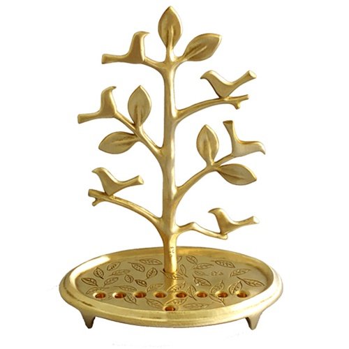 Circular Base Hanukkah Menorah, Tree with Birds, Brass - Shraga Landesman