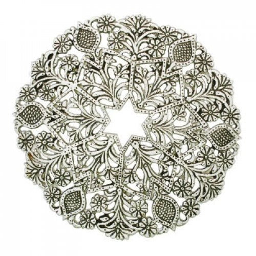 Circular Trivet with Floral and Star of David Design, Silver - Yair Emanuel