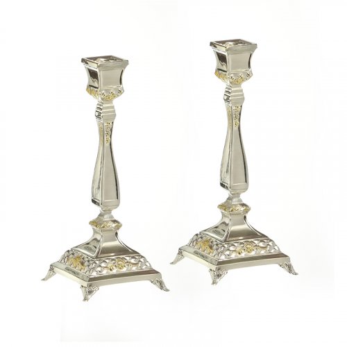 Classic Silver Plated Shabbat Candlesticks Gold Color - Height 6.6