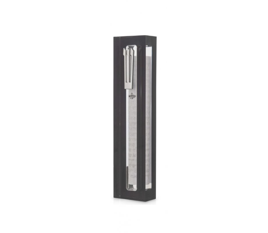 Clear Acrylic Mezuzah Case with Dark Gray Frame, Silver or Gold Shin - Dorit Judaica