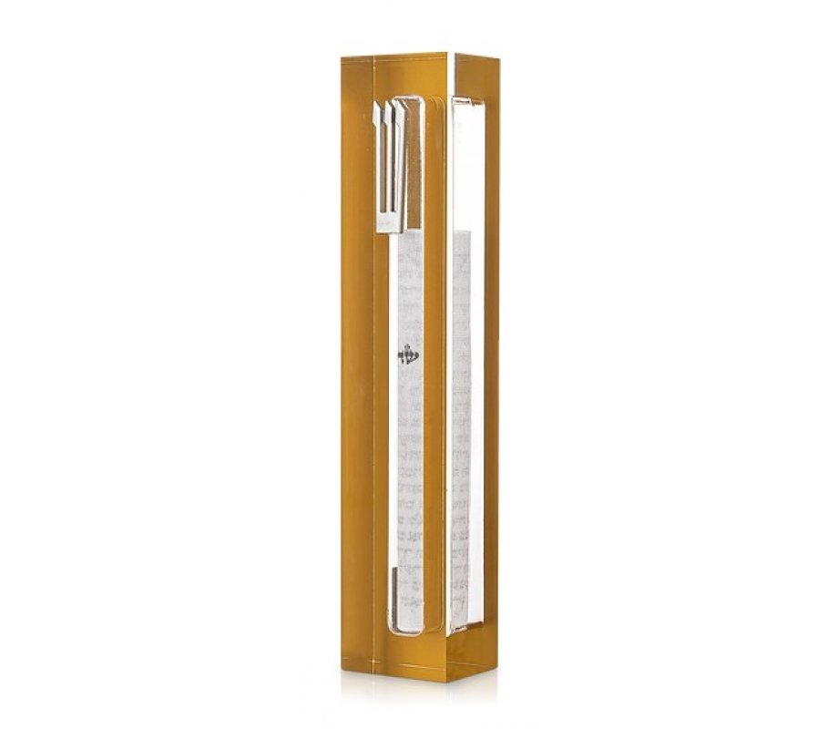 Clear Acrylic Mezuzah Case with Gold Frame, Silver or Gold Shin - Dorit Judaica