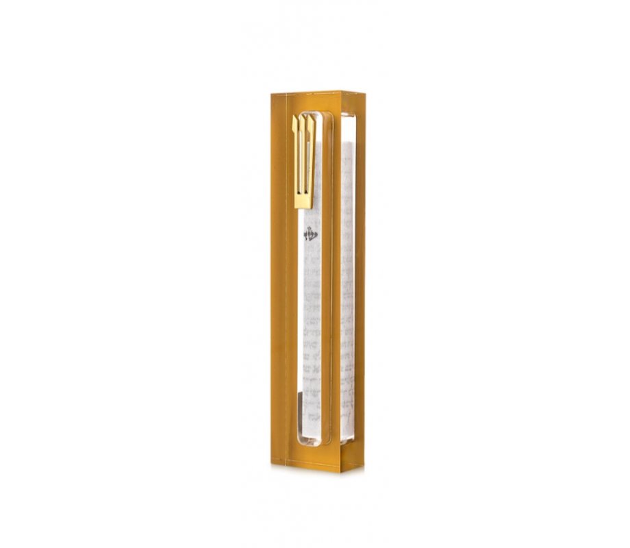 Clear Acrylic Mezuzah Case with Gold Frame, Silver or Gold Shin - Dorit Judaica