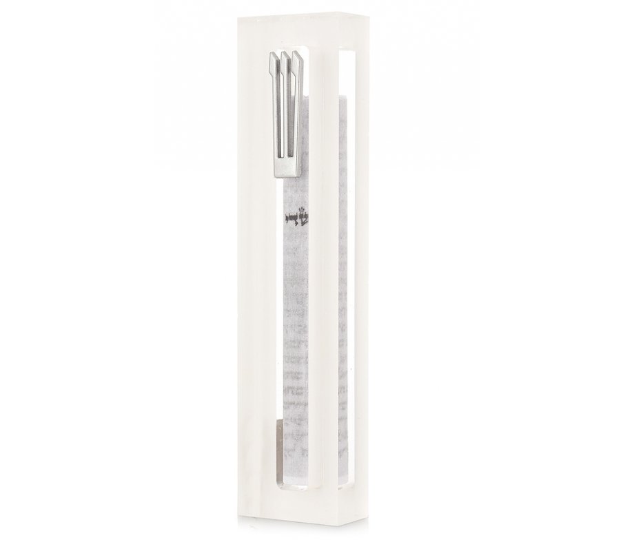 Clear Acrylic Mezuzah Case with White Frame, Silver Shin - Dorit Judaica