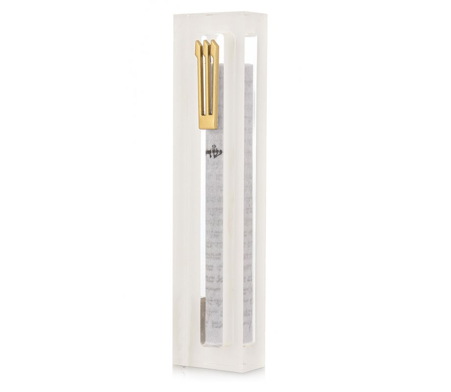 Clear Acrylic Mezuzah Case with White Frame, Silver or Gold Shin - Dorit Judaica