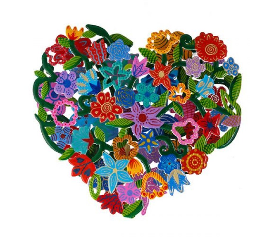 Colored Flower Design Painted Metal Wall Hanging by Emanuel - Heart Shape