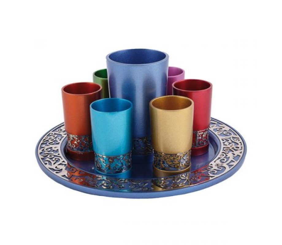 Colored Kiddush Cup and Small Cups with Tray, Cutout Pomegranates - Yair Emanuel