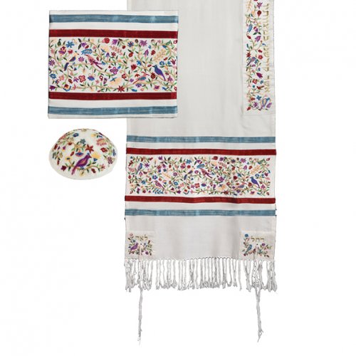 Colorful Birds and Flowers Embroidered Prayer Shawl Set - Yair Emanuel
