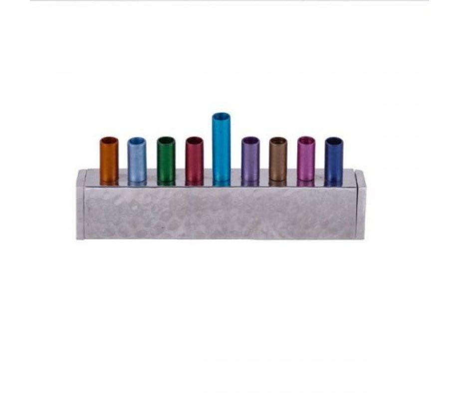 Colorful Cylindrical Candle Holders on Hammered Aluminum - Yair Emanuel