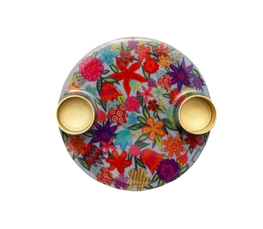Colorful Flower Design Small Metal Candle Holders on Attached Tray - Yair Emanuel