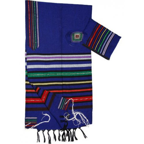 Colorful Joseph Stripes on Royal Blue Handwoven Wool Prayer Shawl Set - Gabrieli