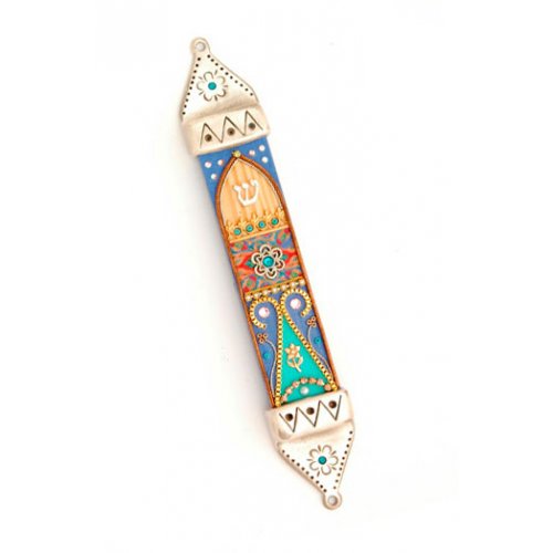 Colorful Mezuzah Case in Pewter and Wood by Ester Shahaf