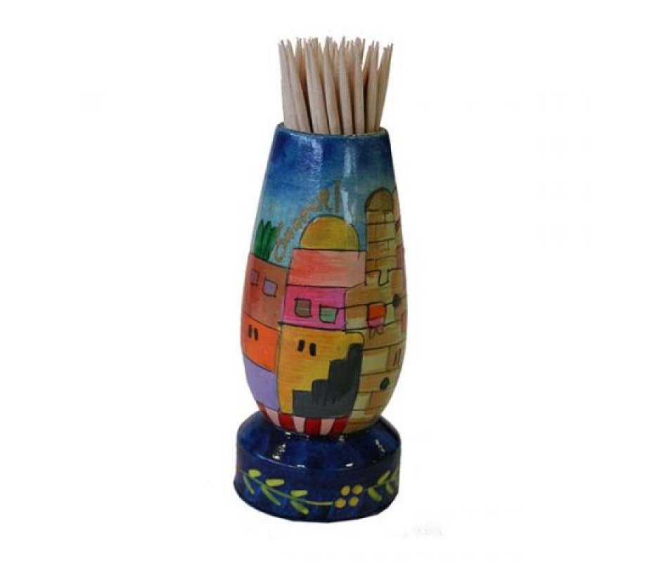 Colorful Wood Toothpick Stand with Hand Painted Jerusalem Images - Yair Emanuel