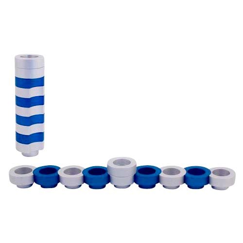 Compact Doughnut Travelling Menorah, Blue Silver and Black Colors - Agayof