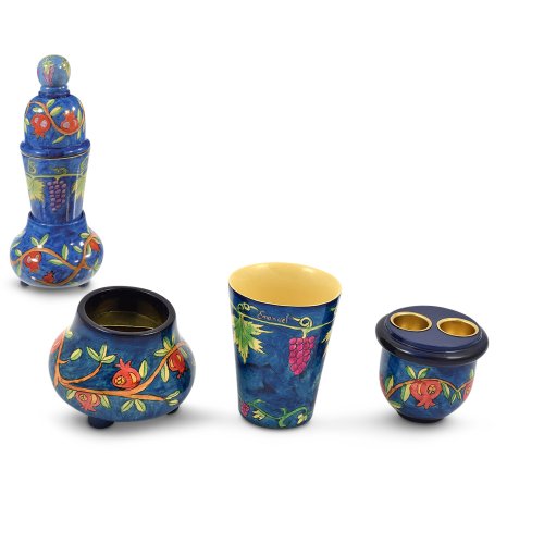 Compact Hand Painted Shabbat Candlesticks and Havdalah Set, Pomegranates - Yair Emanuel