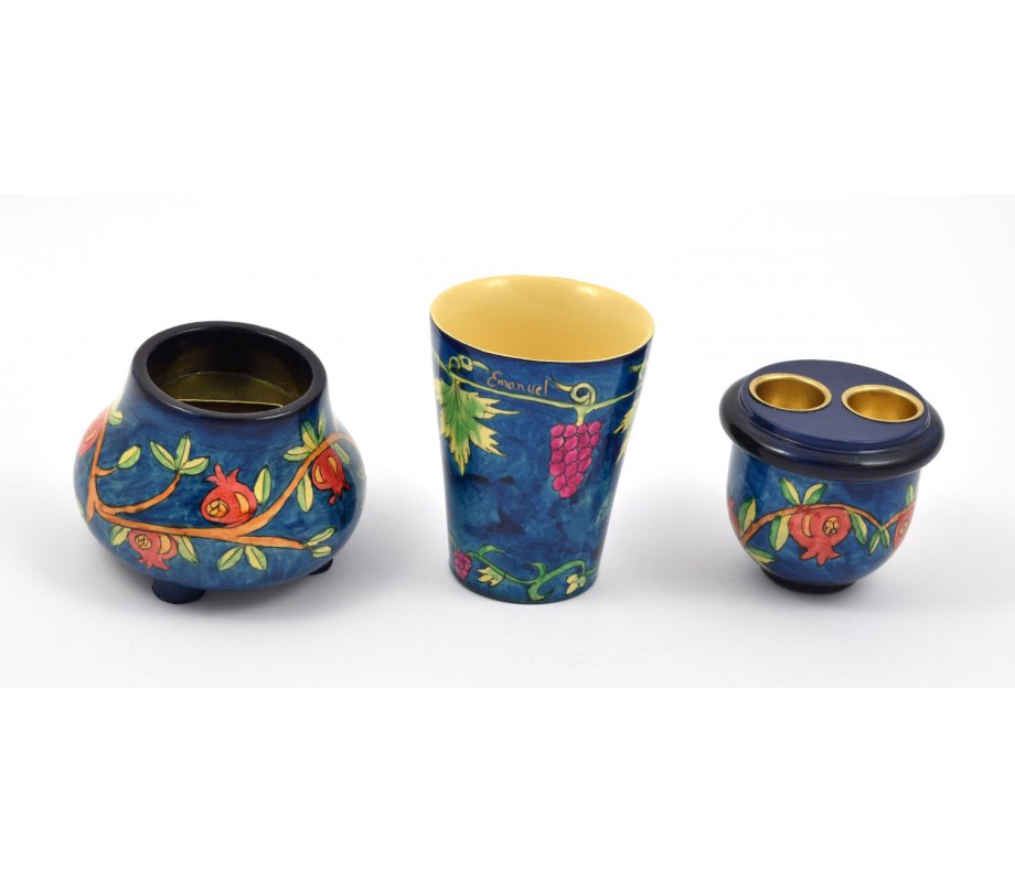 Compact Hand Painted Shabbat Candlesticks and Havdalah Set, Pomegranates - Yair Emanuel