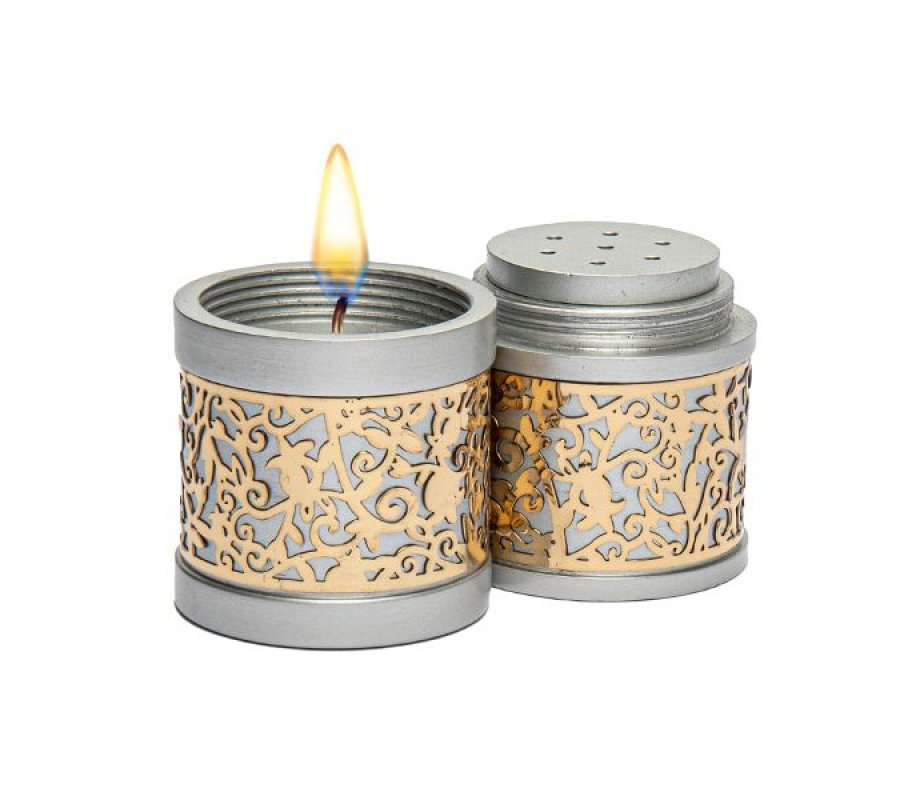 Compact Havdalah Candle and Spice Holder with Cutout Design, Silver - Yair Emanuel