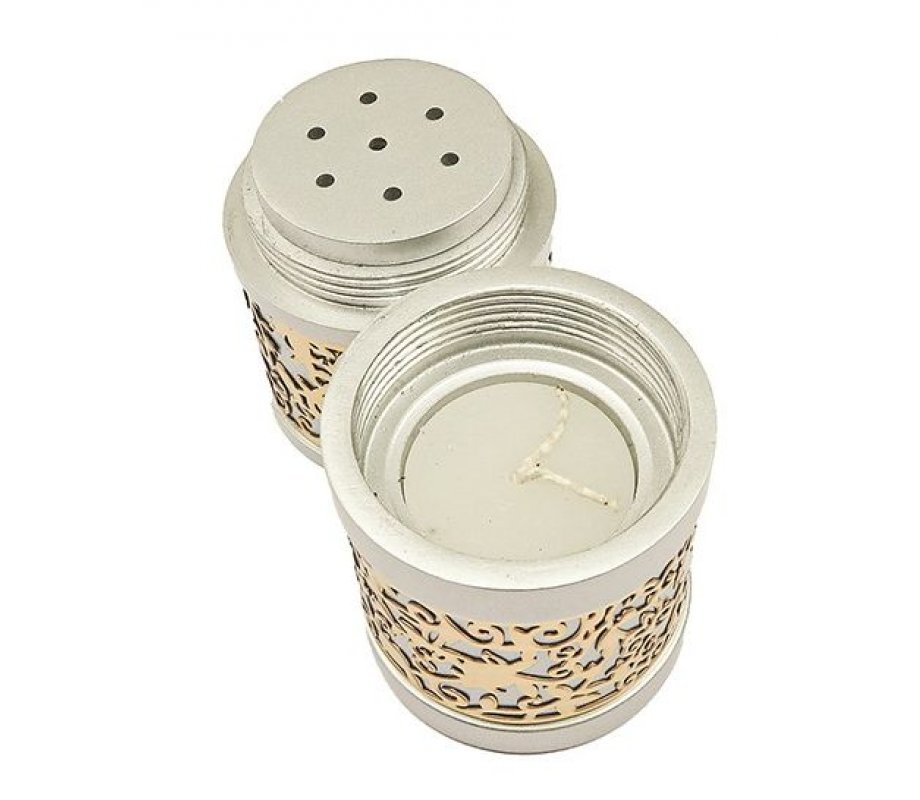 Compact Havdalah Candle and Spice Holder with Cutout Design, Silver - Yair Emanuel