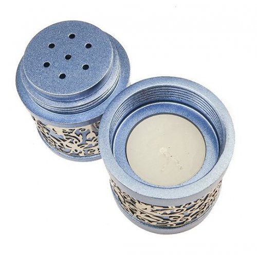Compact Havdalah Spice Box and Candle Holder with Cutout Design, Blue - Yair Emanuel