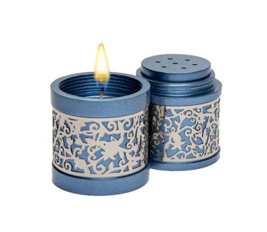 Compact Havdalah Spice Box and Candle Holder with Cutout Design, Blue - Yair Emanuel