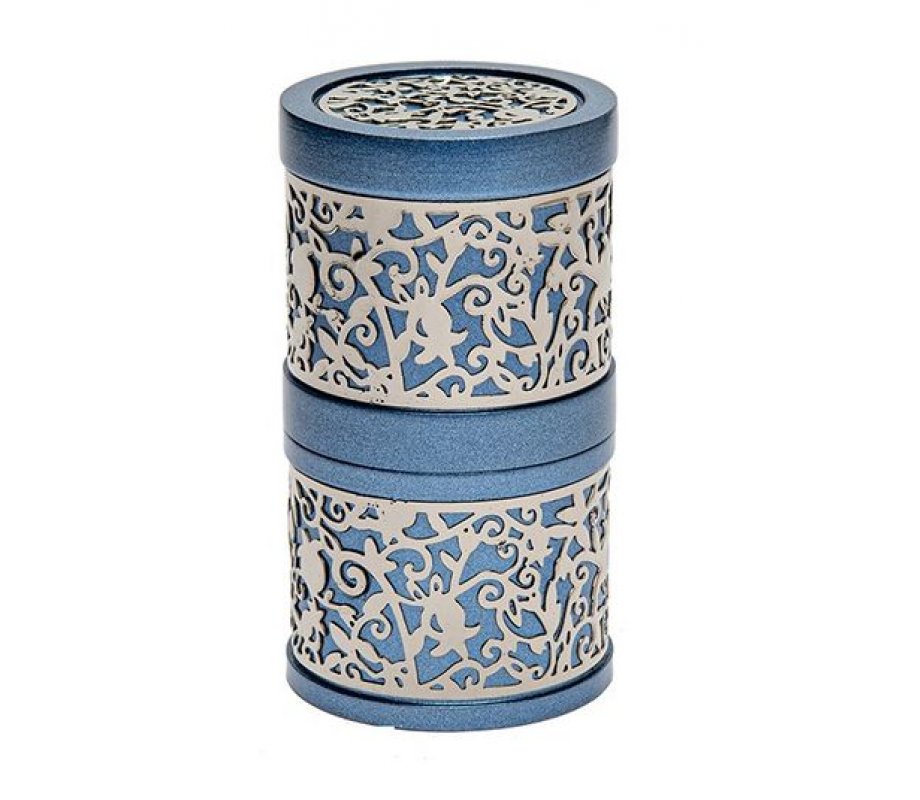 Compact Havdalah Spice Box and Candle Holder with Cutout Design, Blue - Yair Emanuel