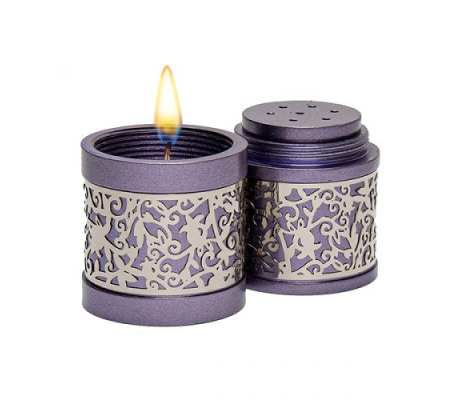 Compact Havdalah Spice Box and Candle Holder with Cutout Design, Purple - Yair Emanuel