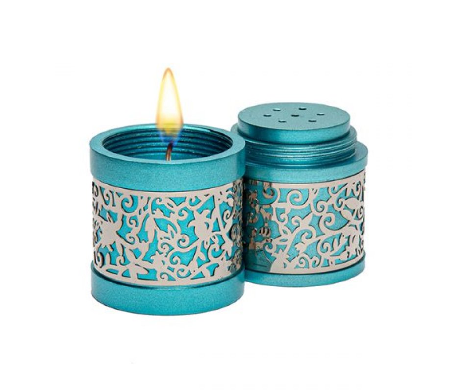 Compact Havdalah Spice Box and Candle Holder with Cutouts, Turquoise - Yair Emanuel