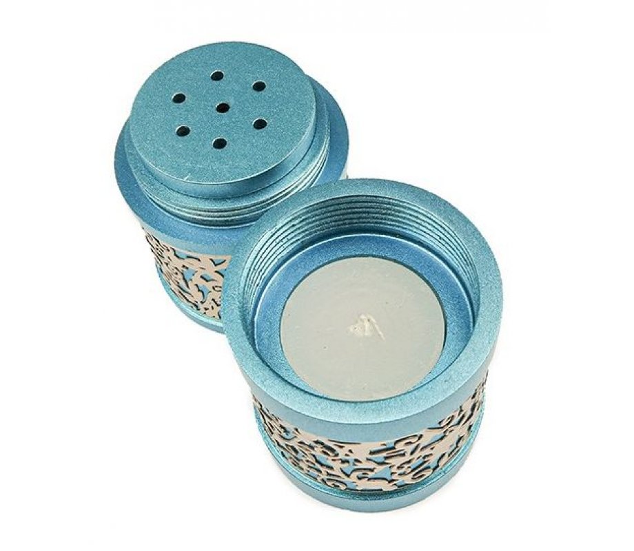Compact Havdalah Spice Box and Candle Holder with Cutouts, Turquoise - Yair Emanuel