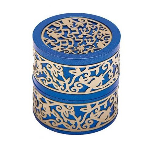 Compact Travelling Candlesticks with Cutout Pomegranates, Blue - Yair Emanuel