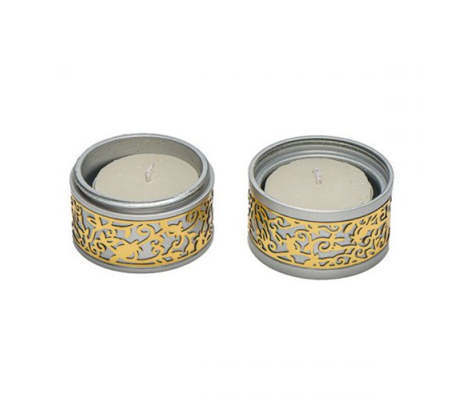 Compact Travelling Candlesticks with Cutout Pomegranates, Gold - Yair Emanuel