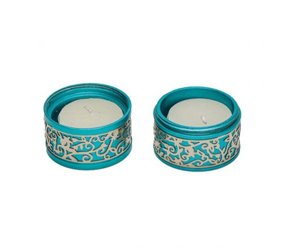 Compact Travelling Candlesticks with Cutout Pomegranates, Turquoise - Yair Emanuel