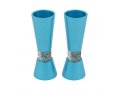 Cone Shaped Candlesticks with Decorative Jerusalem Band, Turquoise - Yair Emanuel