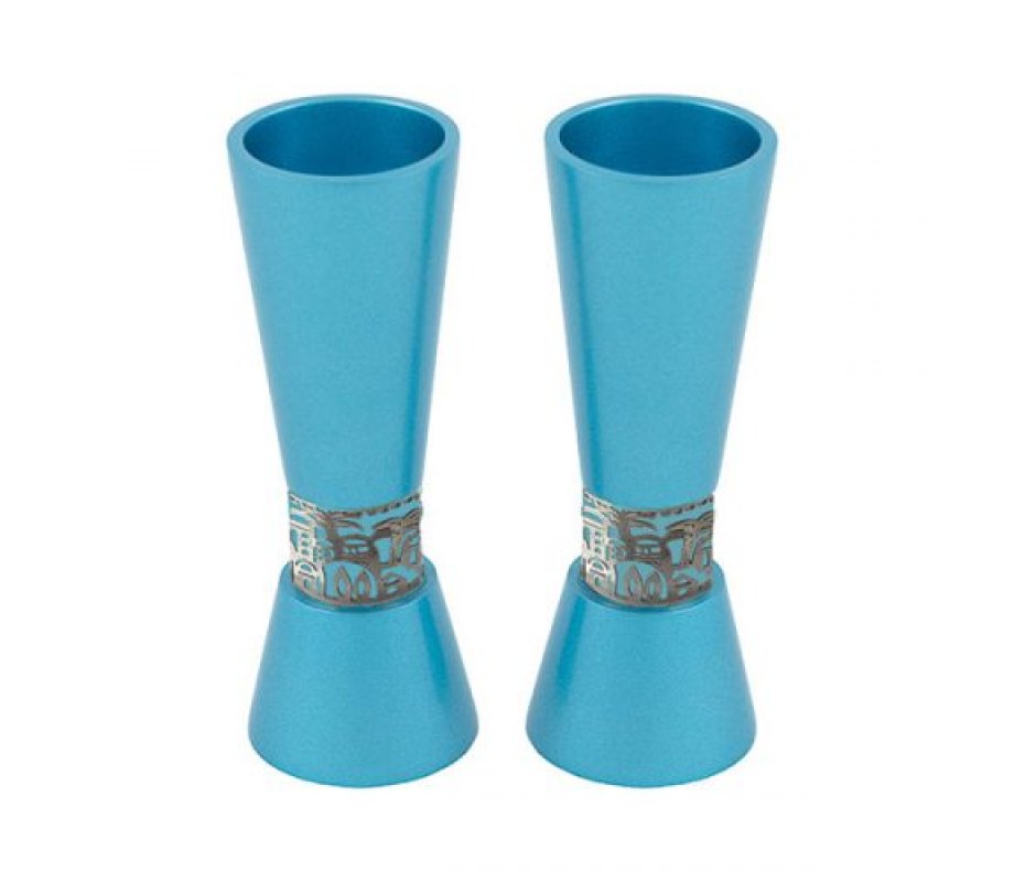 Cone Shaped Candlesticks with Decorative Jerusalem Band, Turquoise - Yair Emanuel