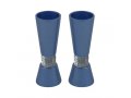 Cone Shaped Candlesticks with Silver Jerusalem Band, Blue - Yair Emanuel