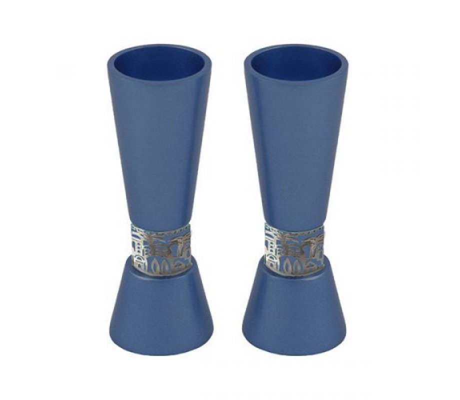 Cone Shaped Candlesticks with Silver Jerusalem Band, Blue - Yair Emanuel