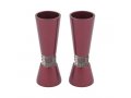 Cone Shaped Candlesticks with Silver Jerusalem Band, Maroon - Yair Emanuel