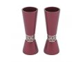 Cone Shaped Candlesticks with Silver Pomegranate Band, Maroon - Yair Emanuel