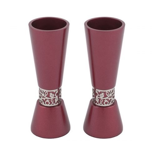 Cone Shaped Candlesticks with Silver Pomegranate Band, Maroon - Yair Emanuel