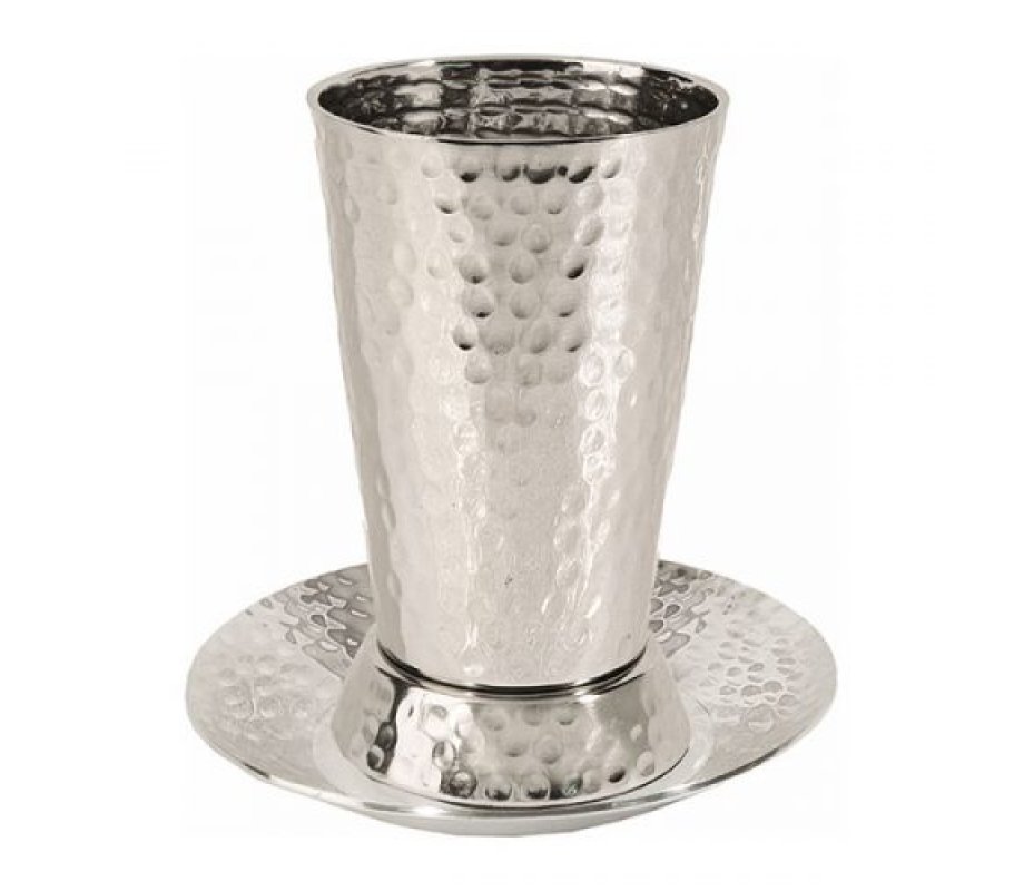 Cone Shaped Nickel Kiddush Cup with Matching Saucer, Hammer Work - Yair Emanuel