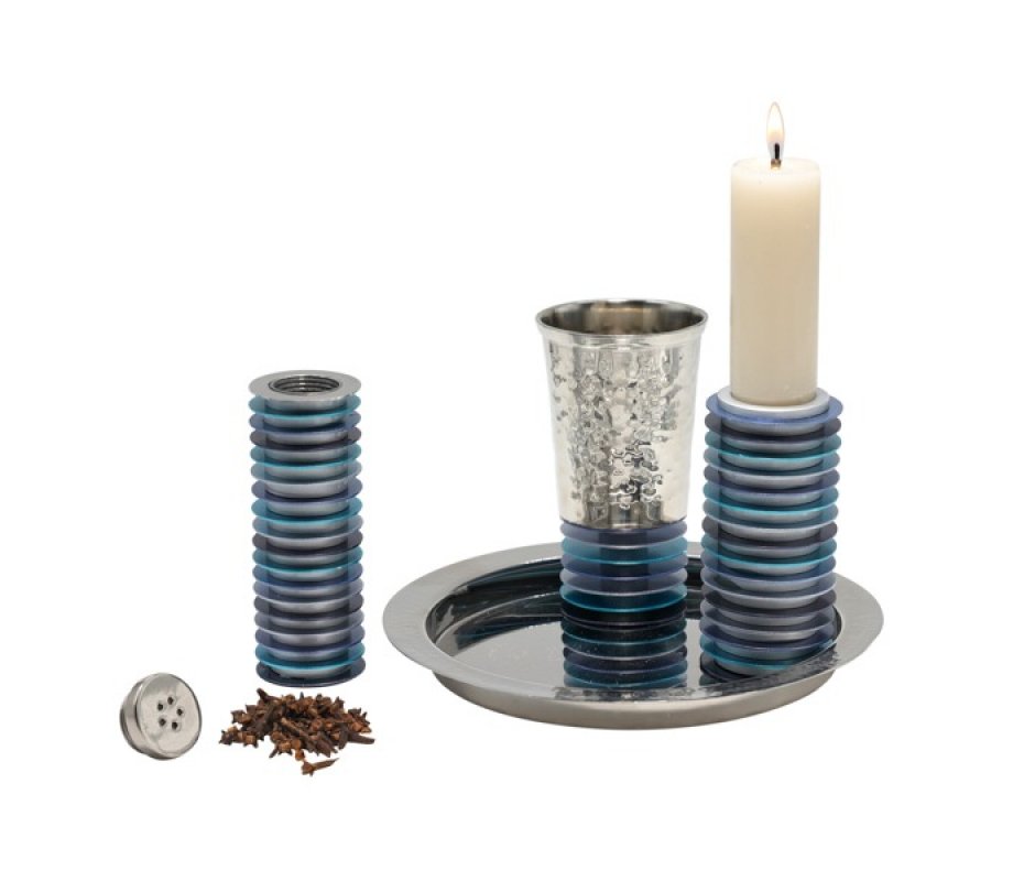 Contemporary 4-Piece Havdalah Set, Blue Stacked Discs - Yair Emanuel