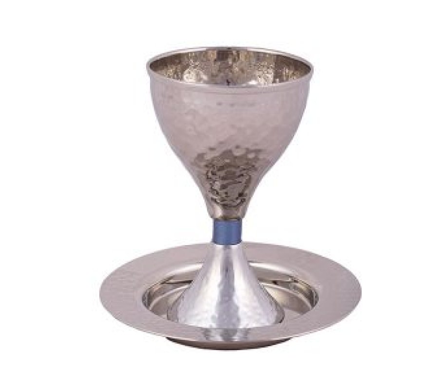 Contemporary Hammered Metal Kiddush Cup Set with Blue Band - Yair Emanuel