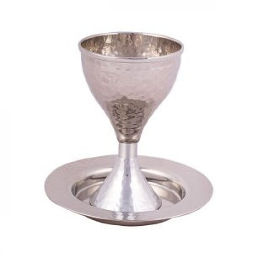 Contemporary Hammered Metal Kiddush Cup Set with Silver Band - Yair Emanuel