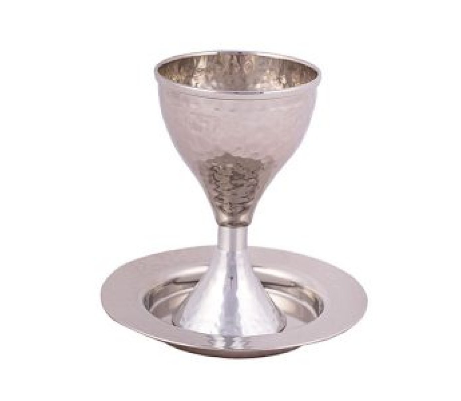 Contemporary Hammered Metal Kiddush Cup Set with Silver Band - Yair Emanuel