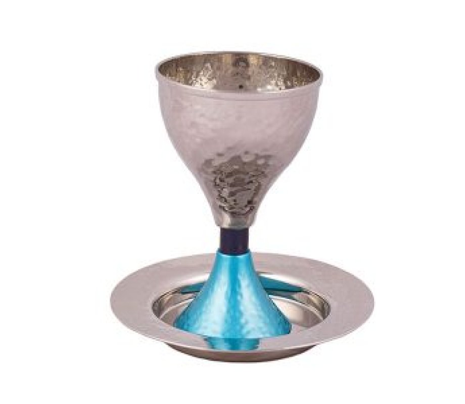 Contemporary Hammered Metal Kiddush Cup Set with Turquoise Band - Yair Emanuel