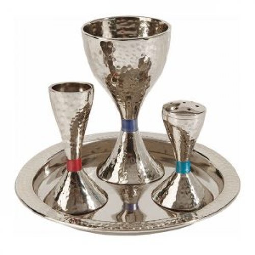 Contemporary Style Havdalah Set with Colored Bands, Hammered Nickel - Yair Emanuel