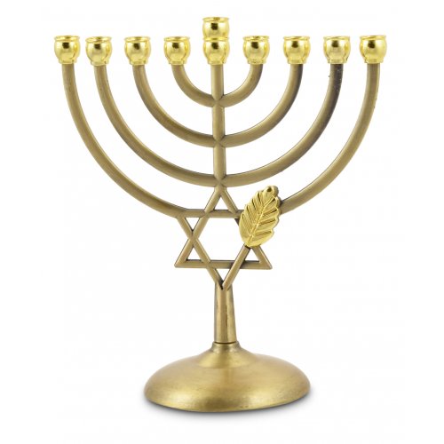 Copper Color Hanukkah Menorah, Leaf and Star of David - 7 Inches