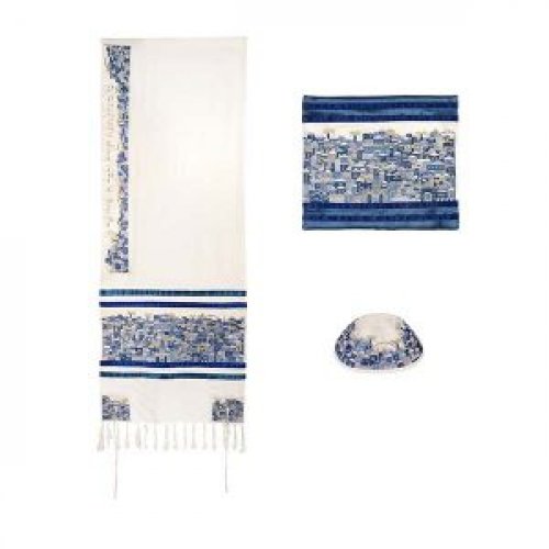 Cotton Embroidered Tallit Set, Jerusalem in Blue - Yair Emanuel